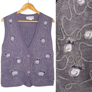 Alfred Dunner Vintage Gray Wool Blend Floral Embroidered Knit Sweater Vest Small